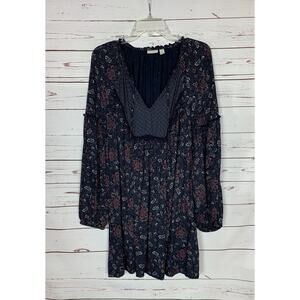 Hinge Nordstrom Women's L Large Navy Blue Floral Long Sleeve Fall Boho Dress